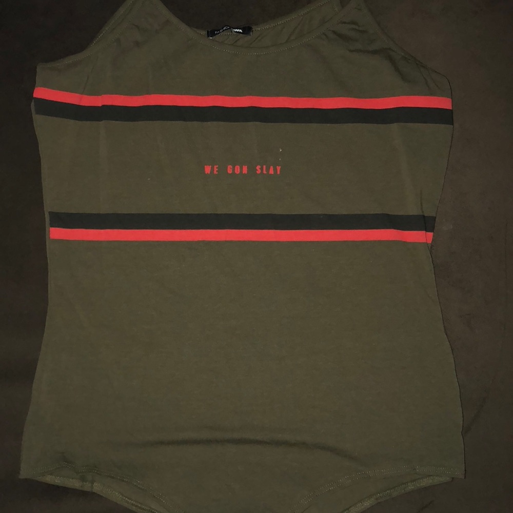 Olive body suit.